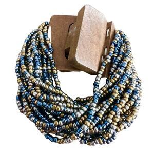 Multicolor twist seed bead multistrand chunky wood clasp funky stretch bracelet